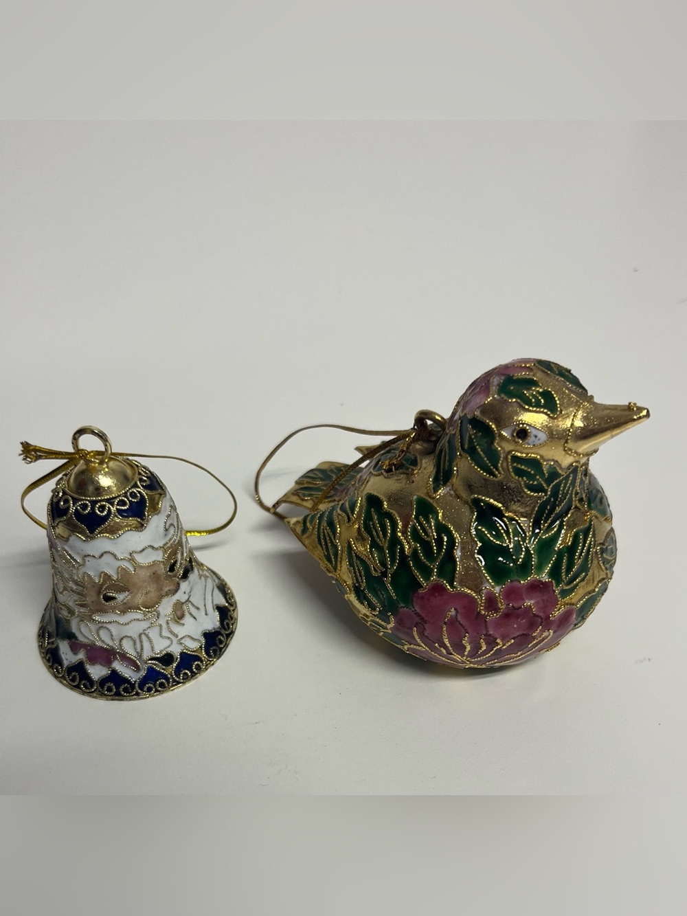 Decorative Cloisonné Bird Ornament in Green and Pinks and Santa Bell set